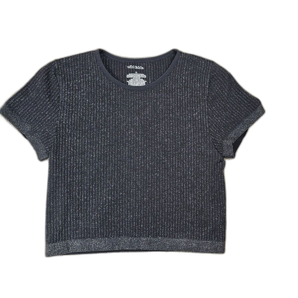 Wild Fable Black Glitter Ribbed Crop Top M Shimmer Stretch Tee